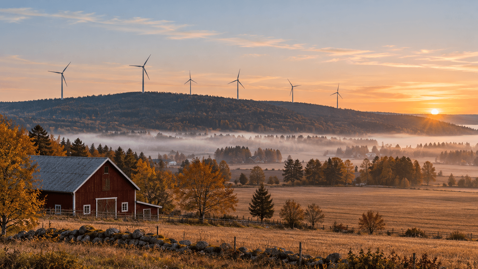 Vindkraftverk på en höjd ovanför åkrar och en röd lada i morgondimma vid soluppgång en höstdag