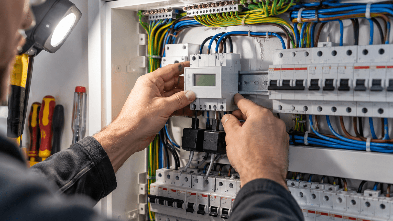 Elektrikerns händer monterar en energimätare för lastbalansering i en elcentral full av säkringar
