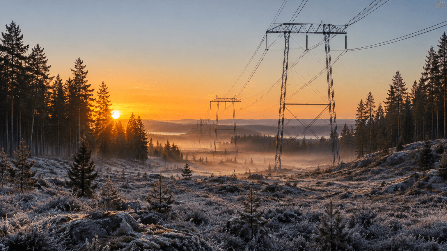 Kraftledningsstolpar och ledningar över en frostig tallskog i soluppgången med dimma över marken