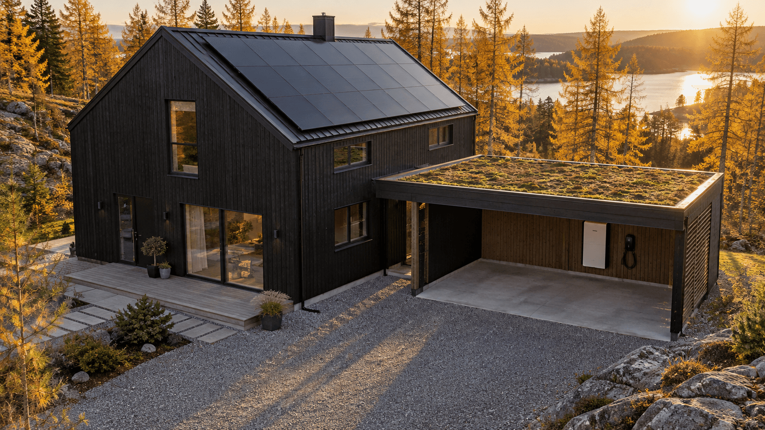 Svartlaserad modern trävilla med solpaneler på taket och en carport med sedumtak där ett vitt hembatteri och en laddbox sitter på väggen, höstsol