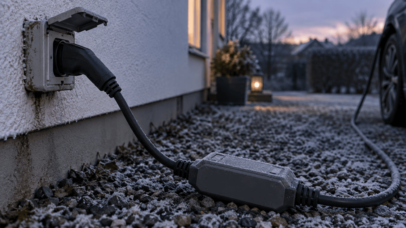 Mobil laddkabel med grå kontrollbox ligger på frostigt grus och är inkopplad i ett vanligt väderslitet vägguttag på en vitputsad husvägg i vinterskymning