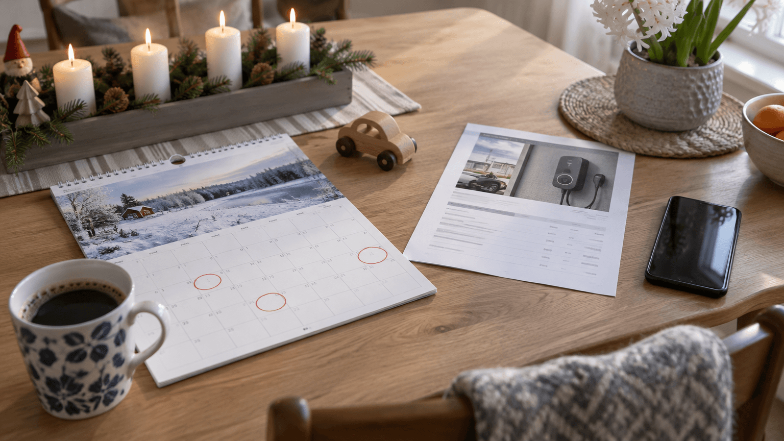 Köksbord med en väggalmanacka uppslagen på december med inringade datum, en liten leksaksbil i trä, en utskriven offert med bild på en laddbox, en mobiltelefon och en kaffekopp bredvid adventsljusstake