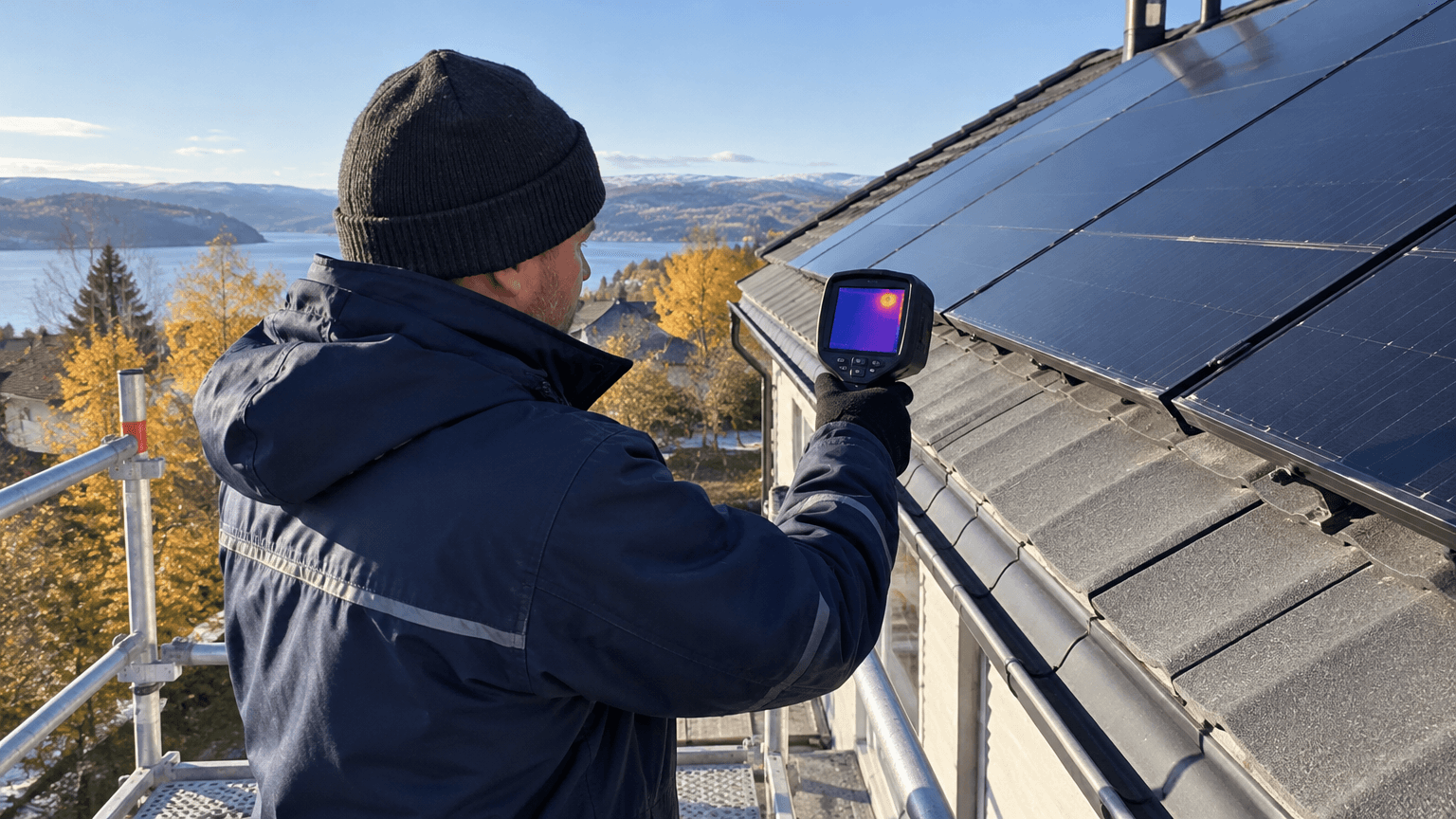 Elektriker på en byggnadsställning riktar en värmekamera mot svarta solpaneler på ett grått tak en solig och kall höstdag