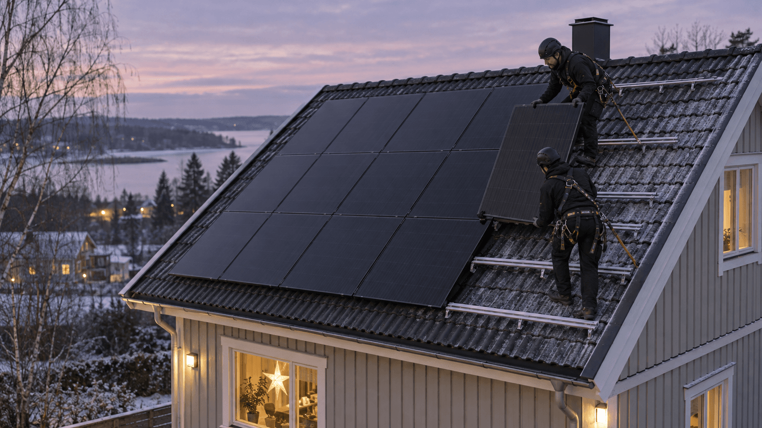 Två installatörer lägger den sista svarta solpanelen på plats på taket till en ljusgrå trävilla en decemberskymning, med en tänd adventsstjärna i fönstret