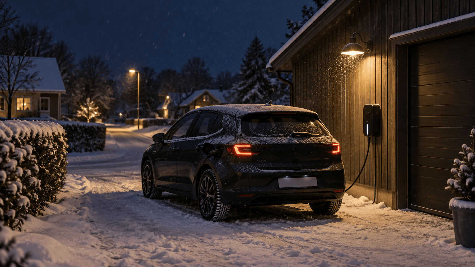 Mörkgrön elbil laddas vid ett trägarage en snöig vinternatt under en tänd utelampa
