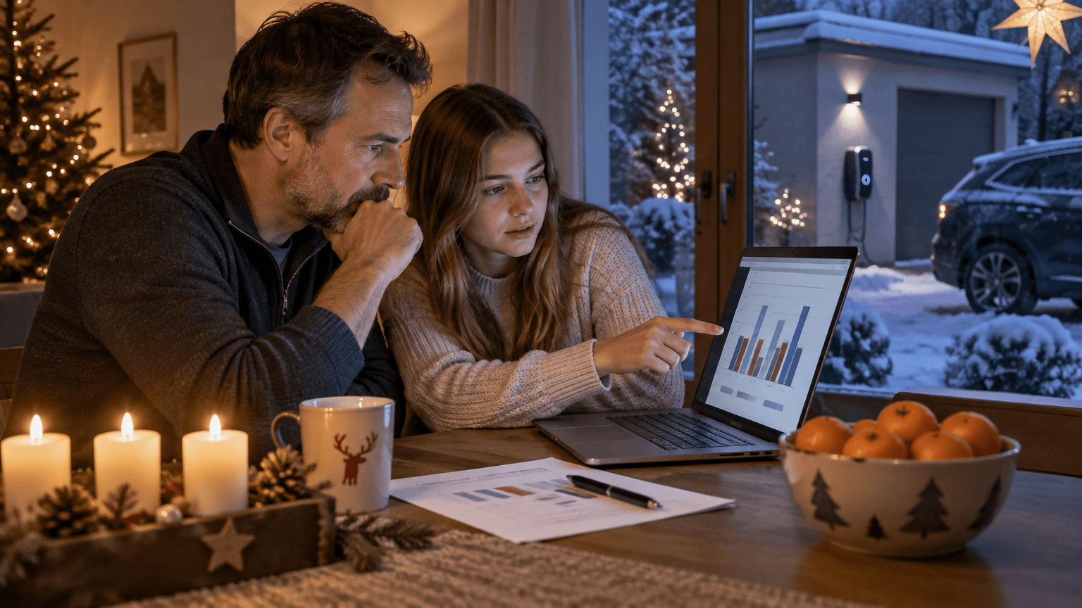 Pappa och tonårsdotter jämför laddboxofferter på en bärbar dator vid matbordet med tända adventsljus och clementiner, med en laddbox på garageväggen synlig genom fönstret