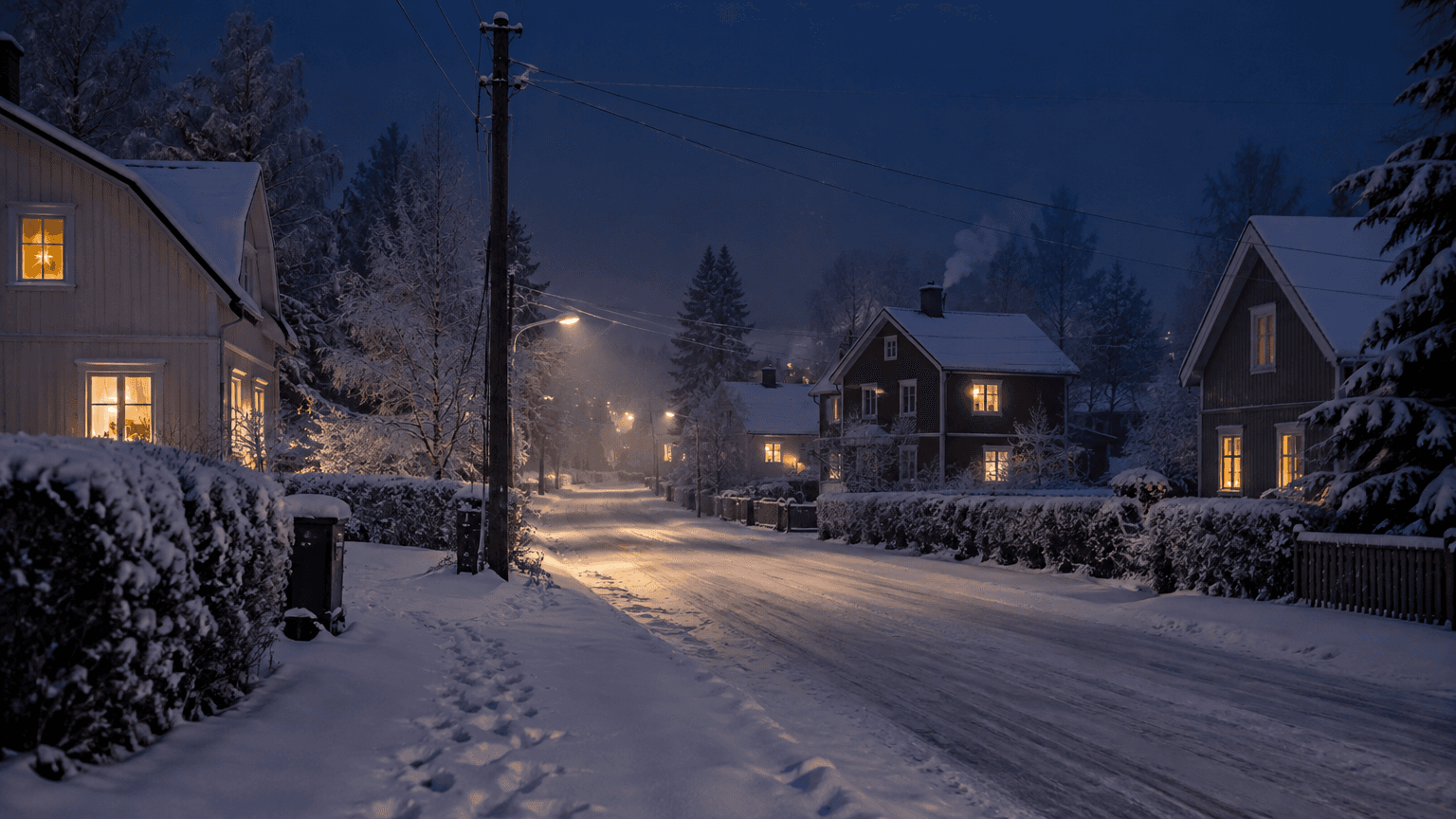 Snöig villagata en mörk och kall vintermorgon med tända fönster, elstolpe och luftledningar i blå timmen