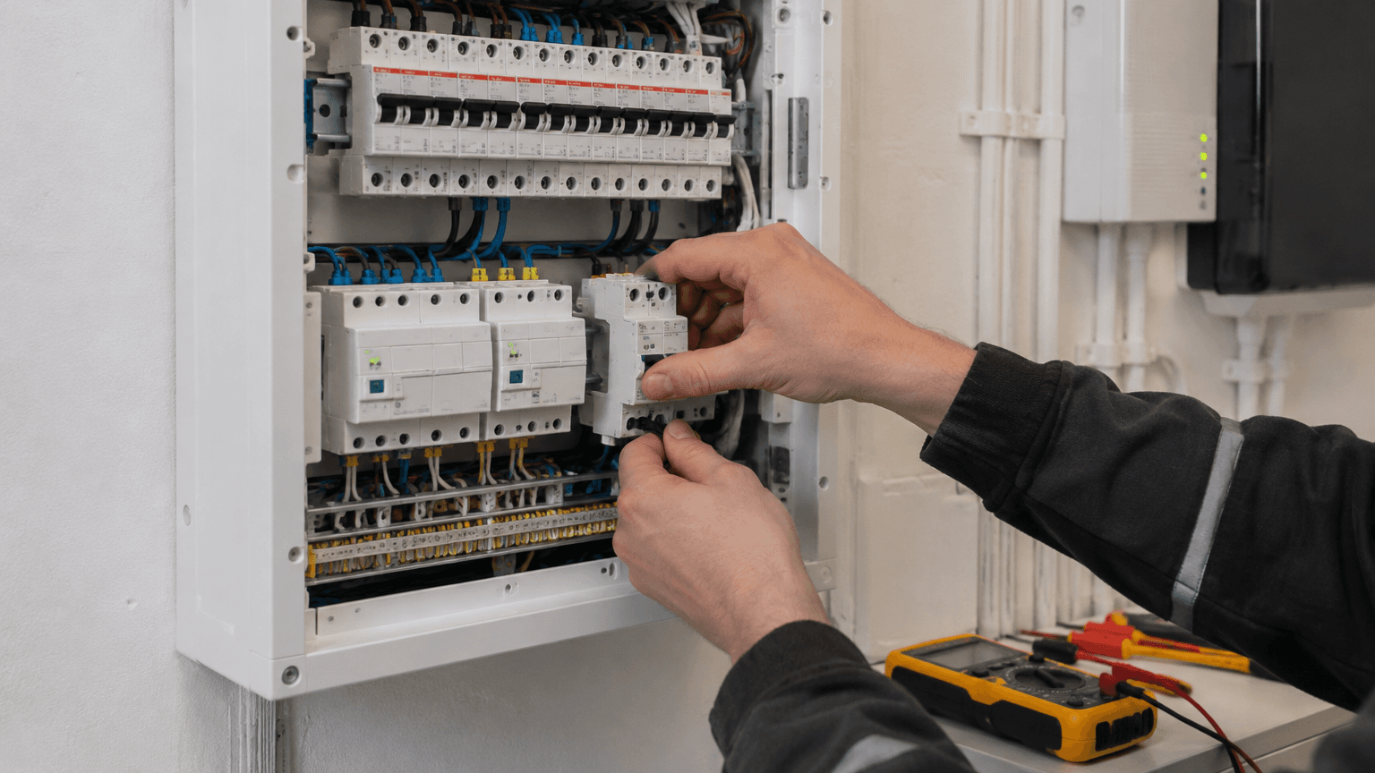 Närbild på ett modernt elcentral-skåp med laststyrningsmoduler på DIN-skena där en elektriker justerar en modul