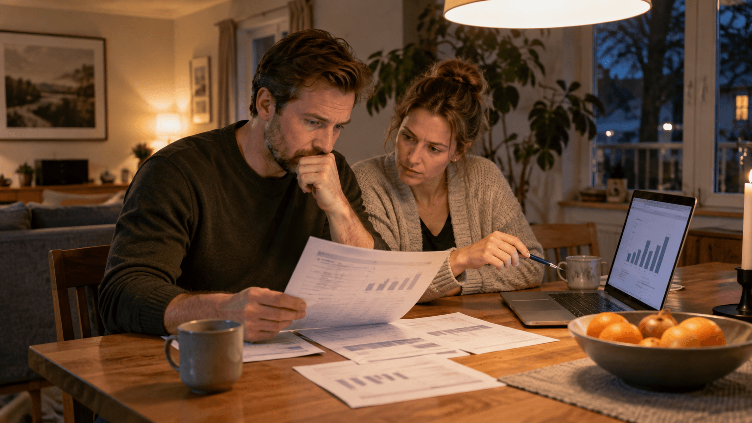 Par vid matbord i kvällsljus som går igenom utskrivna nättariffer och en bärbar dator med stapeldiagram, varm pendellampa