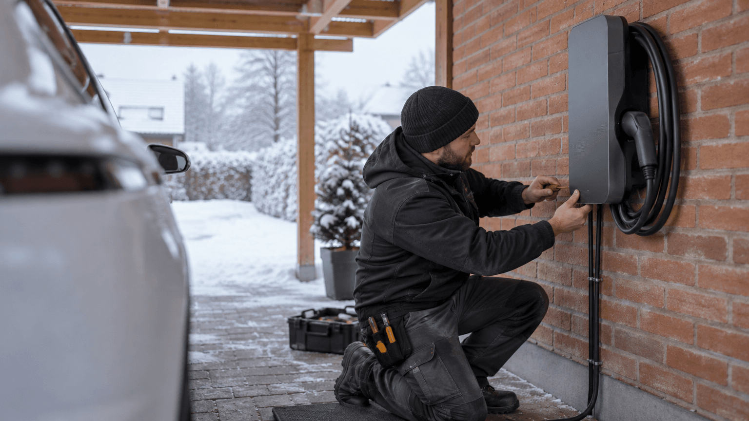 Elektriker skruvar fast locket på en ny grafitgrå laddbox på en tegelvägg under en carport medan det snöar lätt