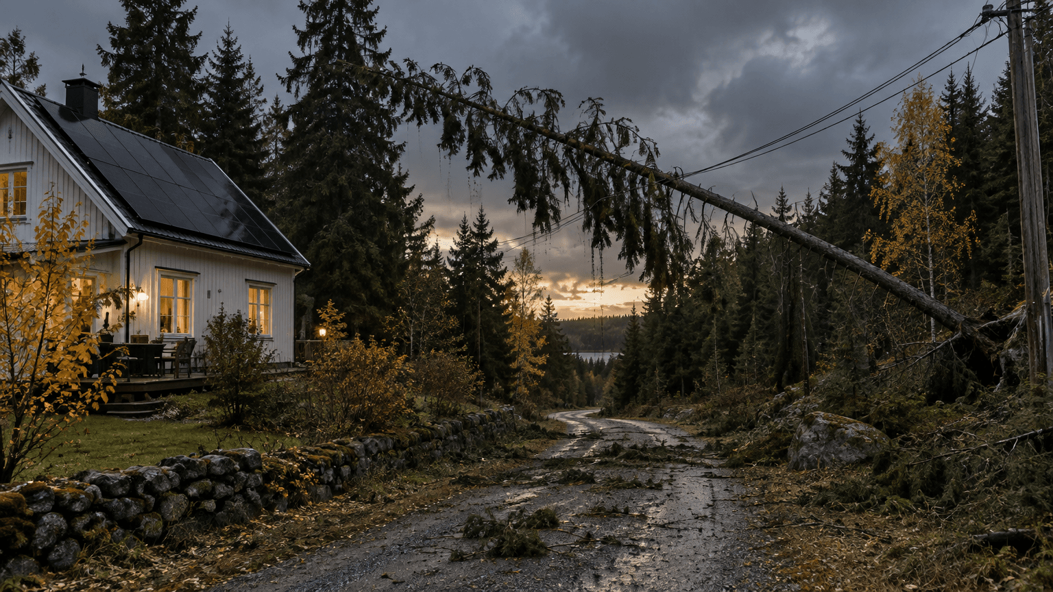 Grusväg genom granskog efter en höststorm med en fallen gran över luftledningarna, vit trävilla med svarta solpaneler och tända fönster i förgrunden