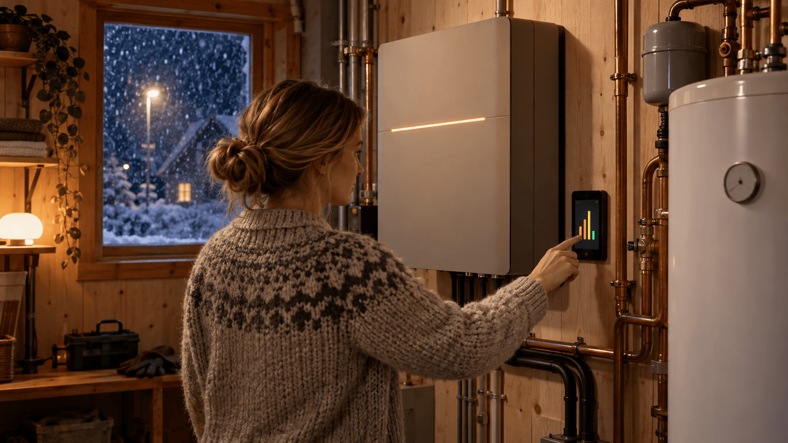 Sandbeige väggmonterat hembatteri bredvid en svart pekskärm för smart energistyrning med färgade prisstaplar i ett träpanelat pannrum, en snöig januarinatt