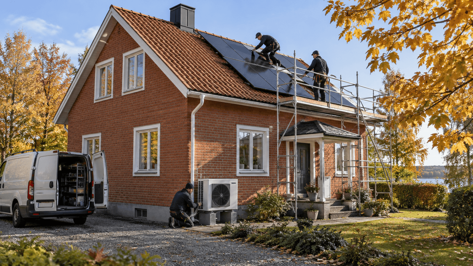 Två installatörer monterar svarta solpaneler på taket till en röd tegelvilla från en byggnadsställning medan en tredje ansluter en ny luft/vattenvärmepump på marken, höstsol