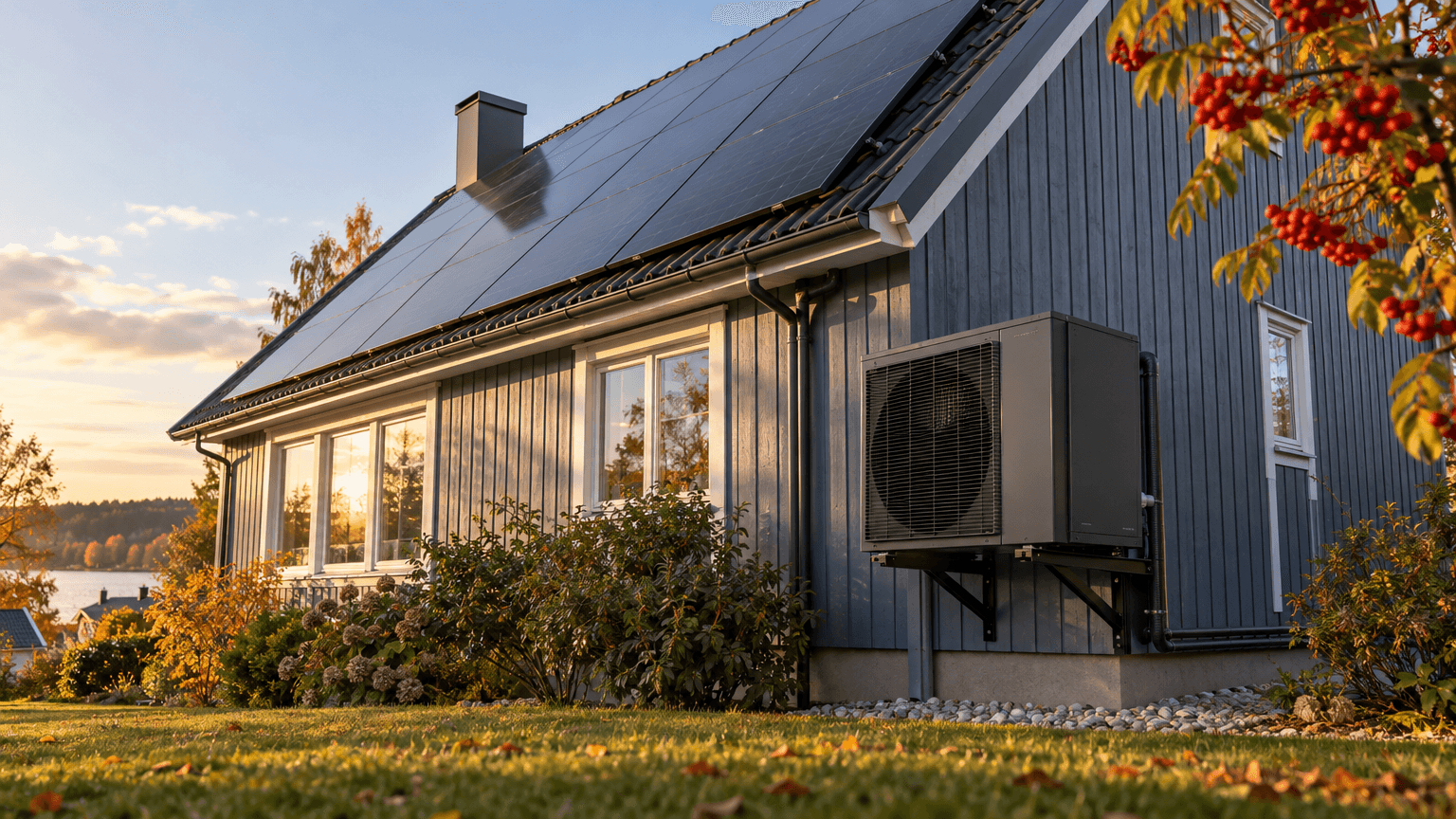 Antracitgrå luft/vattenvärmepump på väggkonsoler på gaveln till en skifferblå trävilla med svarta solpaneler på det branta taket, gyllene oktoberkvällsljus och rönnbär i förgrunden