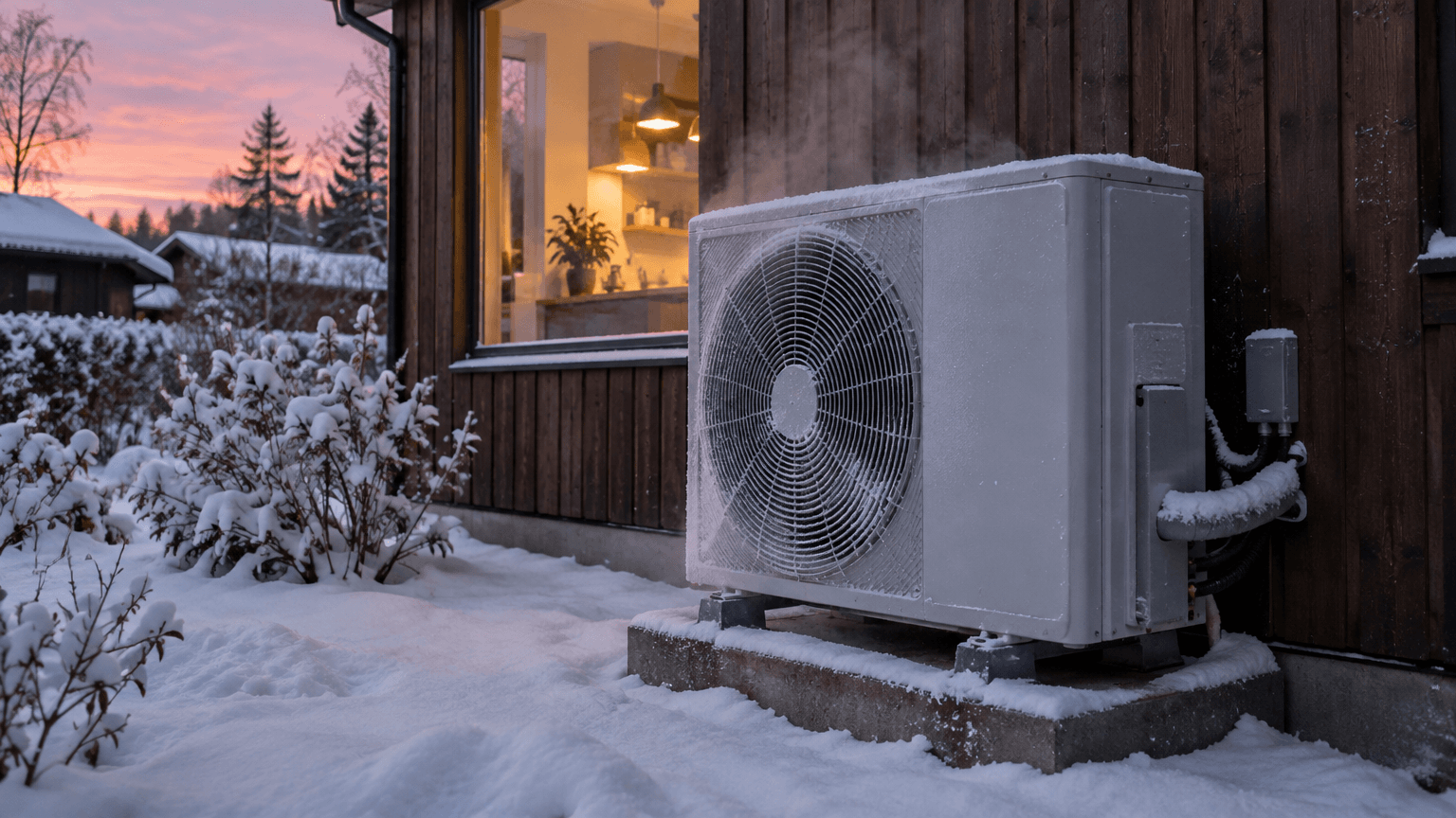 Utedel till luft/vattenvärmepump med lätt frost på fläktgallret vid en mörkbetsad trävägg, djup snö och rosa januariskymning