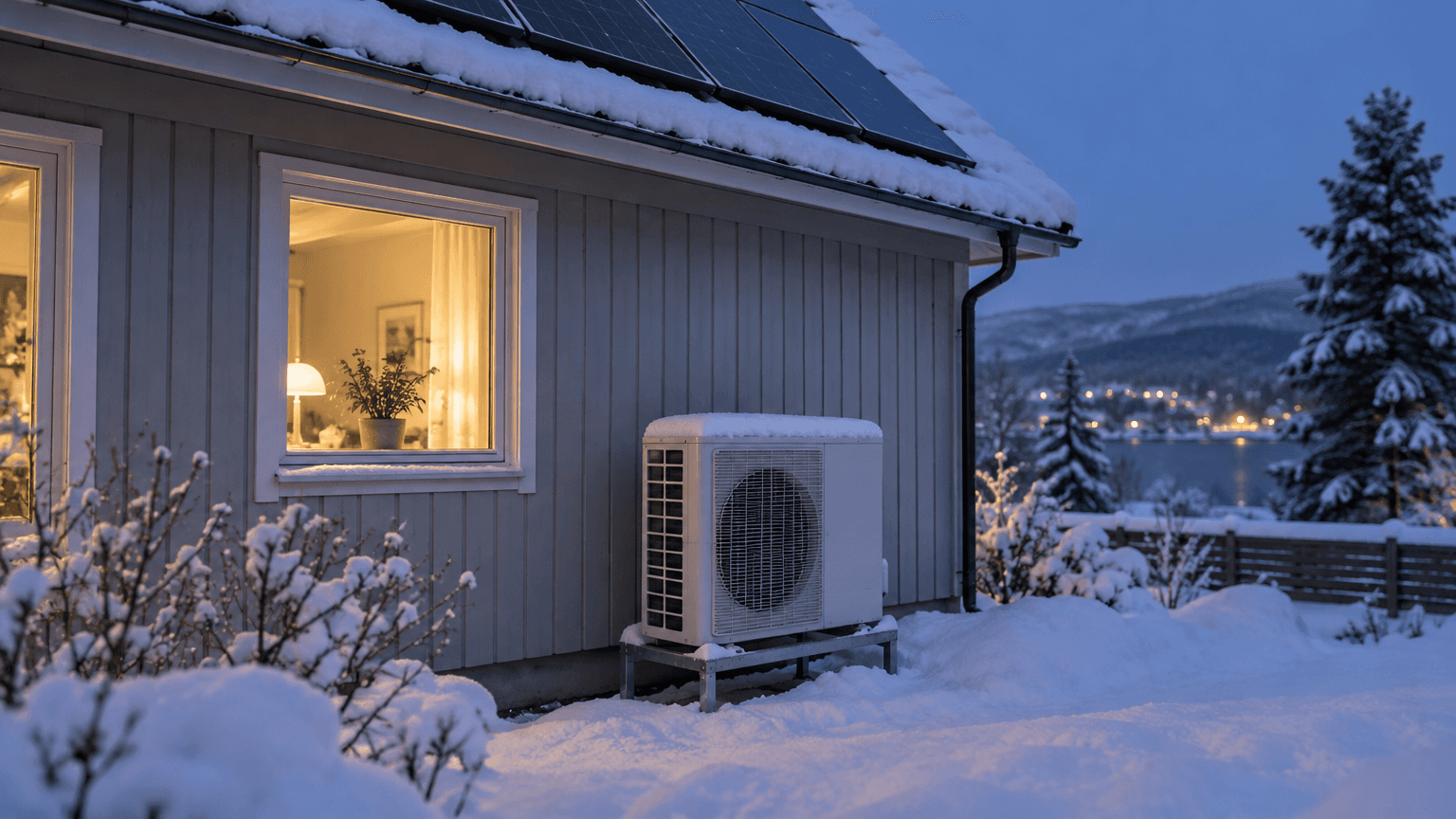 Vit värmepump i djup snö vid ett ljusgrått trähus med solpaneler på taket en vinterkväll i blå timmen
