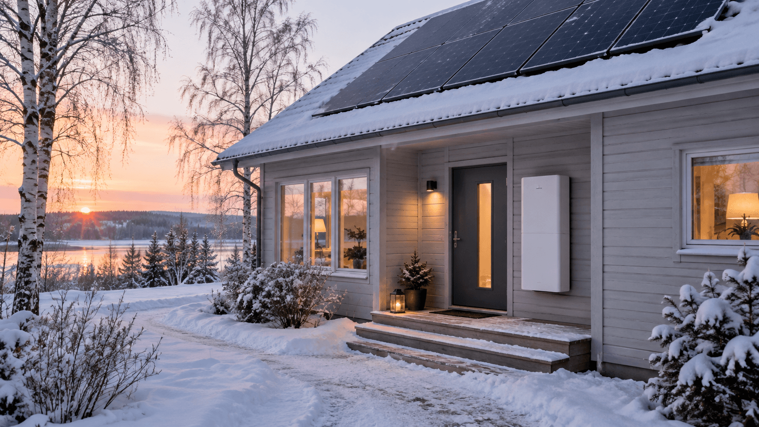 Snötäckt tak med svarta solpaneler i låg rosa vintersol och ett vitt hembatteri monterat under takfoten bredvid ytterdörren
