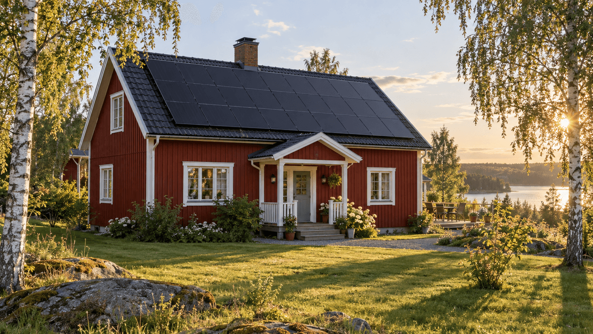 Röd svensk villa med svarta solpaneler på taket en sensommarkväll