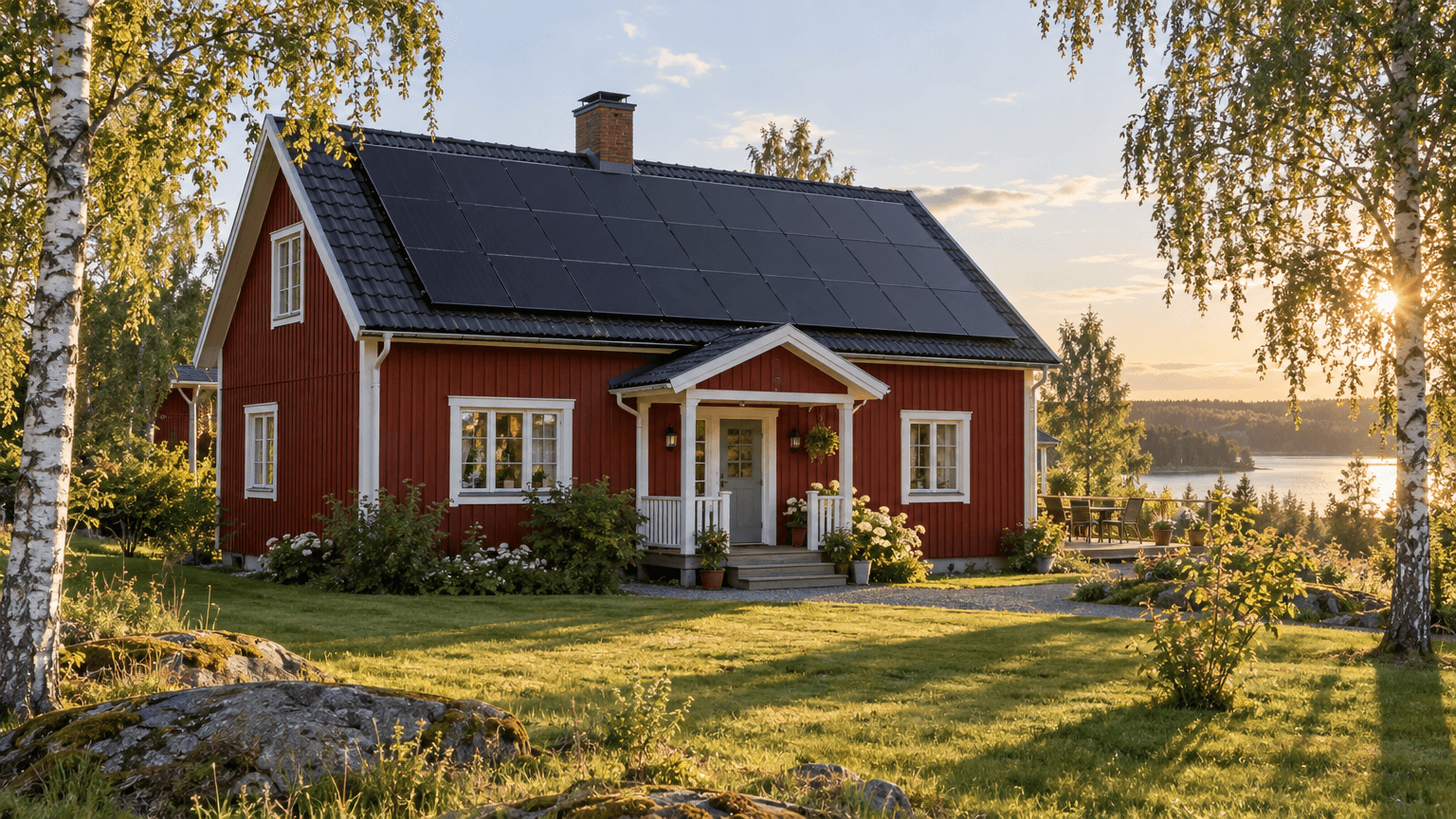 Röd svensk villa med svarta solpaneler på taket en sensommarkväll