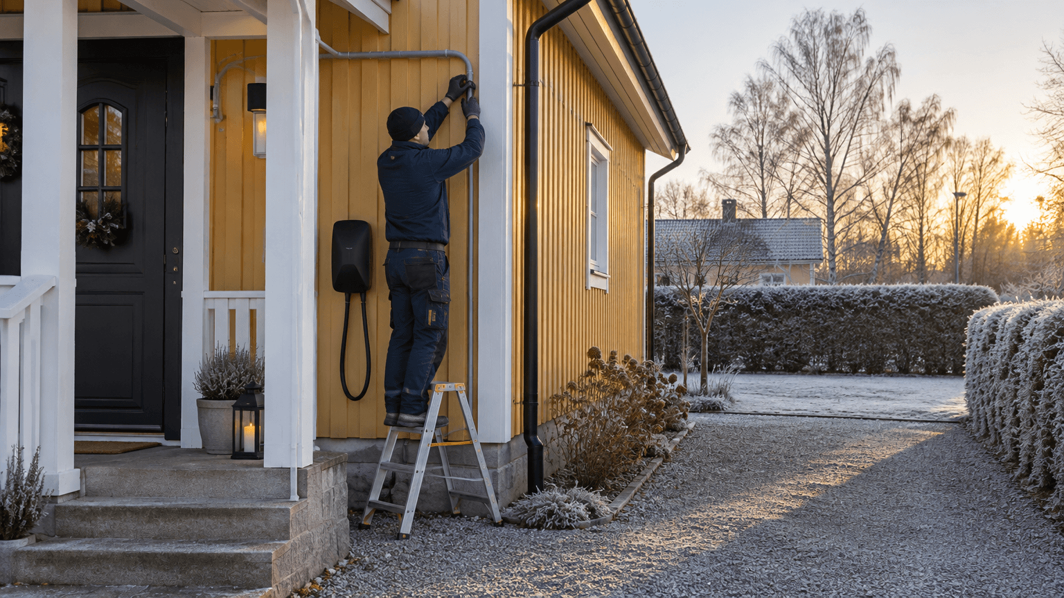 Elektriker på en pall drar ett kabelrör längs fasaden på en senapsgul trävilla bredvid en nymonterad svart laddbox vid entrén, utan bil på uppfarten, en frostig novembermorgon