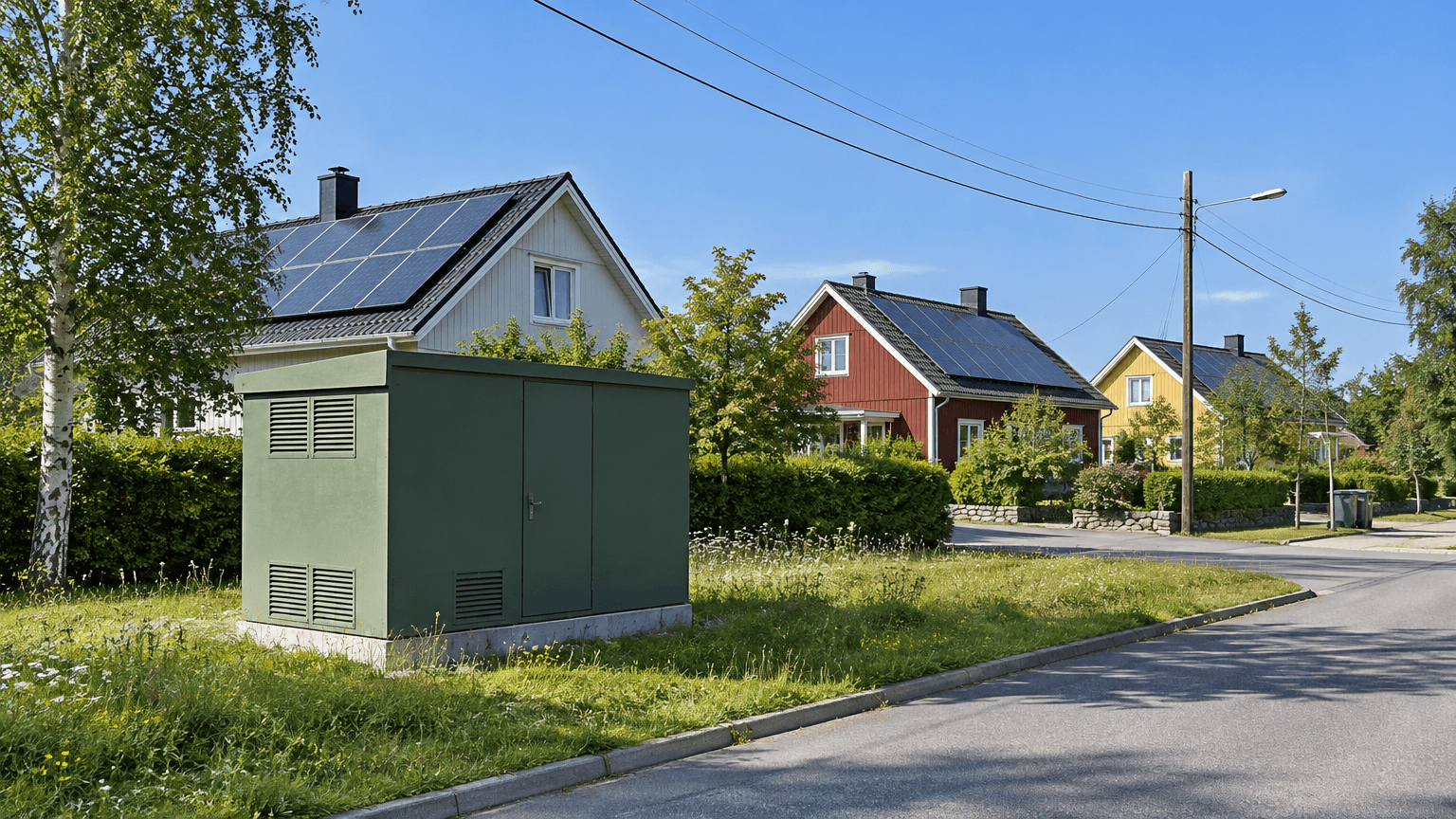 Grön nätstation vid en villagata med luftledningar och flera hus med solpaneler på taken en solig sommardag