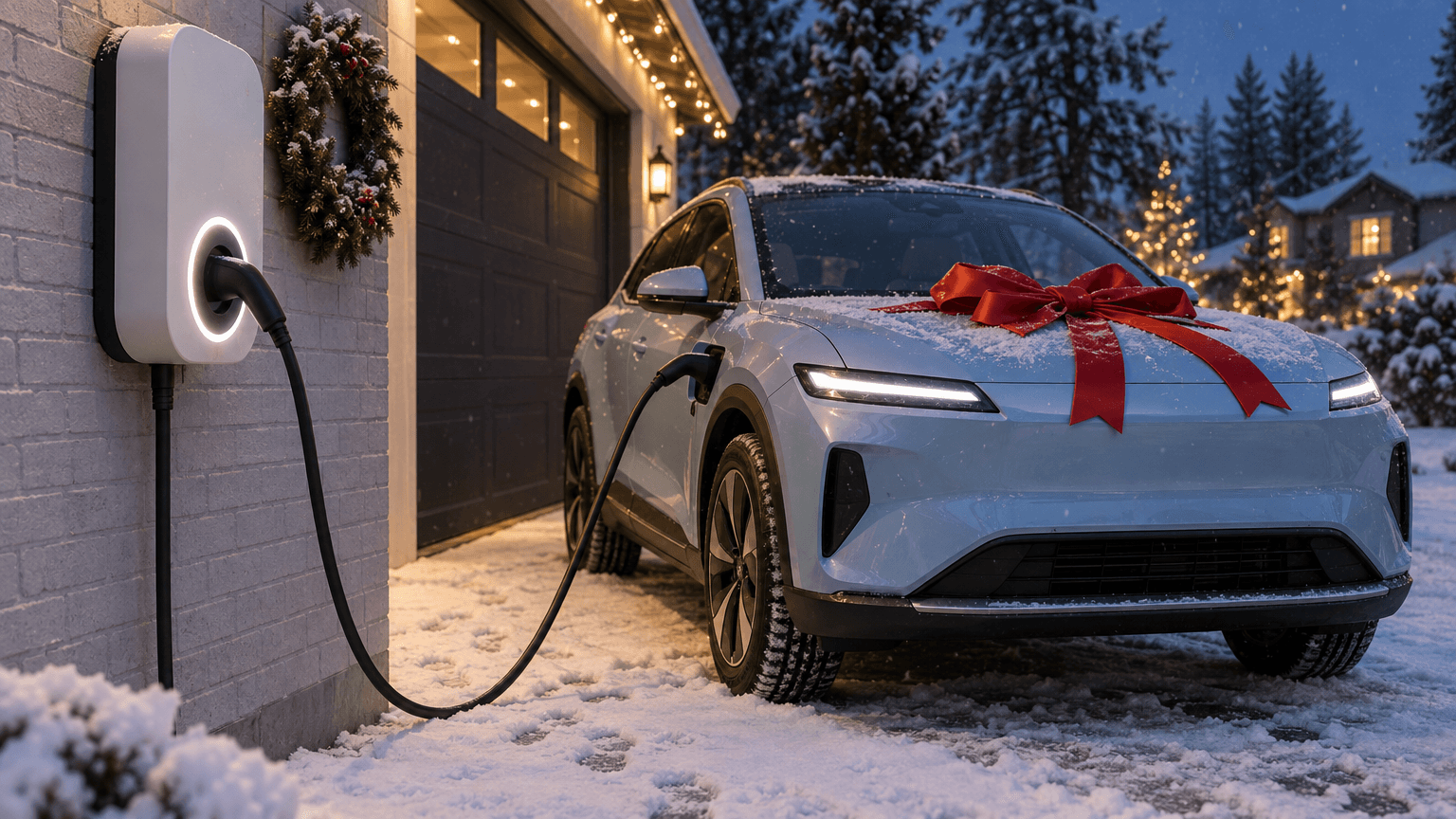 Ny pärlvit laddbox med vit LED-ring på en ljusgrå tegelvägg med granskrans, med laddkabeln i en ny isblå elbil med stor röd julklappsrosett på motorhuven i snöfall en decemberkväll