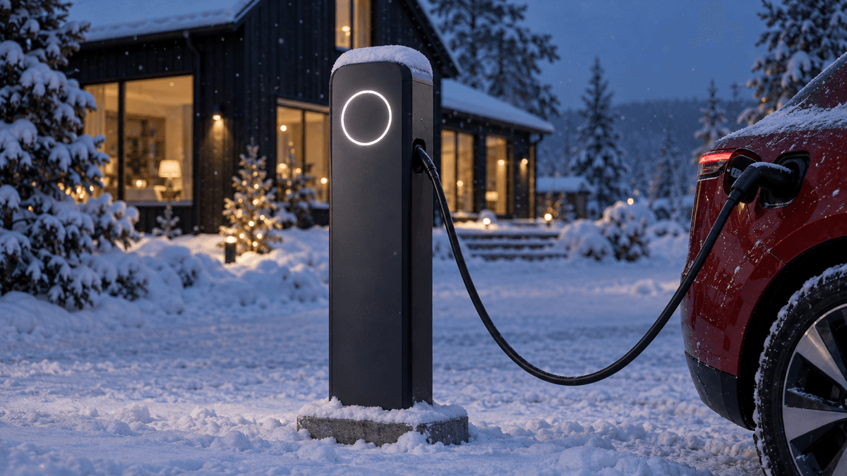Mörkgrå fristående laddstolpe med lysande ring på en snöig uppfart i blå timmen, med laddkabeln i en röd elbil och en svart trävilla med tända fönster i bakgrunden