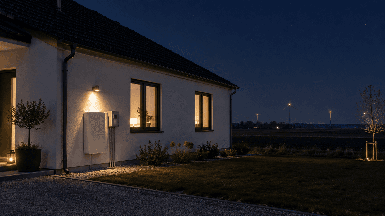 Vitputsad villa på den skånska slätten en novembernatt med ett ljusgrått hembatteri på fasaden bredvid mätarskåpet och vindkraftverk med röda lampor i fjärran