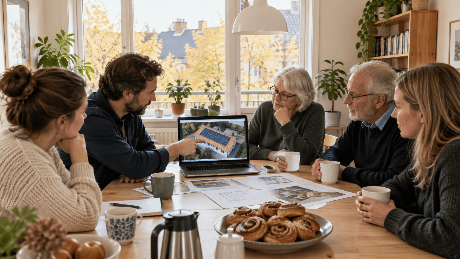 Styrelsemöte i en ljus föreningslokal där fem medlemmar runt ett träbord tittar på en ritning av solpaneler på taket i en bärbar dator
