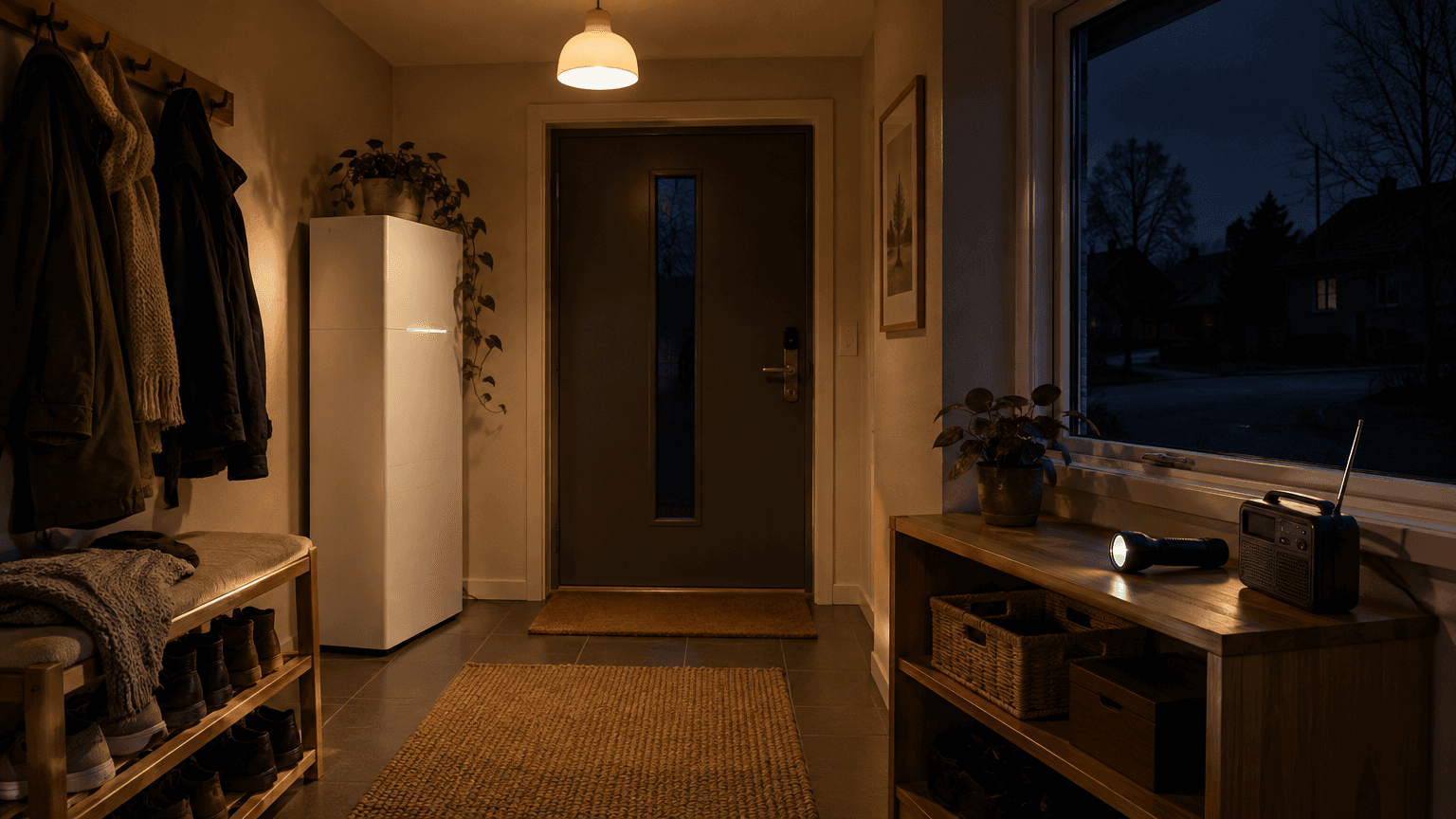 Hall i en villa under ett strömavbrott med ett vitt golvstående hembatteri med grön statuslampa, tänd taklampa, ficklampa och radio på hyllan