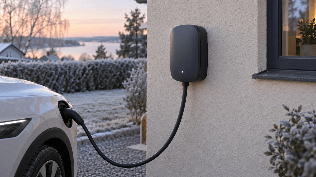 Antracitgrå väggmonterad laddbox på en sandfärgad putsfasad med laddkabeln i en vit elbil en frostig vintermorgon