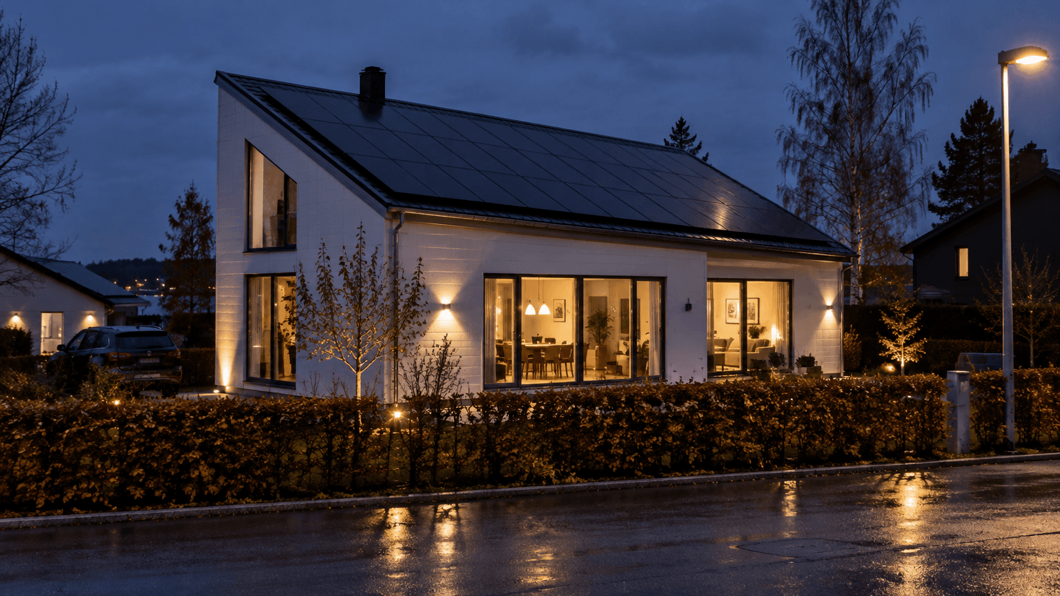 Vit modern kubisk villa med pulpettak helt täckt av svarta solpaneler, sedd från gatan över en klippt bokhäck i blå timmen
