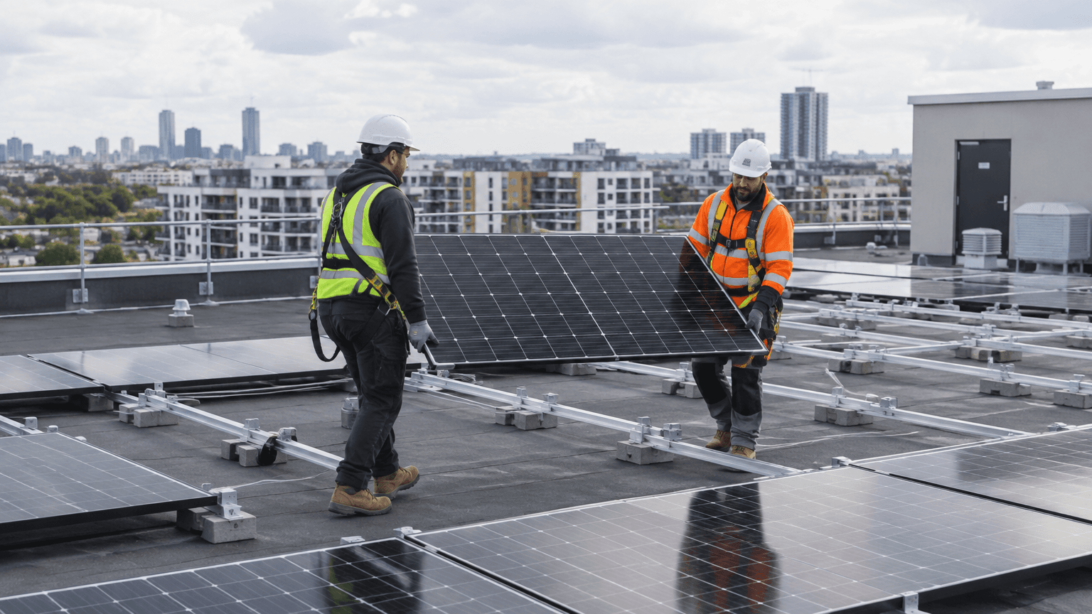 Två solcellsinstallatörer med hjälm och fallskyddssele bär en svart solpanel över det platta taket på ett stort flerbostadshus, med rader av monterade paneler runt omkring