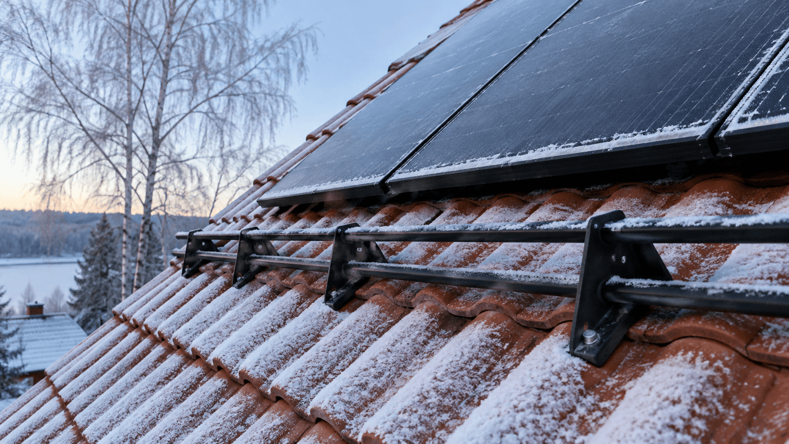 Svart snörasskydd på ett rött tegeltak nedanför en rad svarta solpaneler med ett tunt lager nysnö en frostig novembermorgon