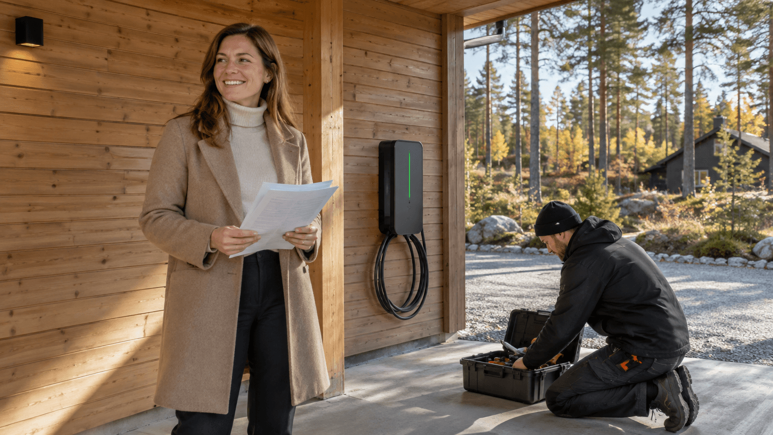 Kvinna i beige ullkappa med offerter i handen står i en carport bredvid en nyinstallerad antracitgrå laddbox medan en elektriker packar ihop sina verktyg