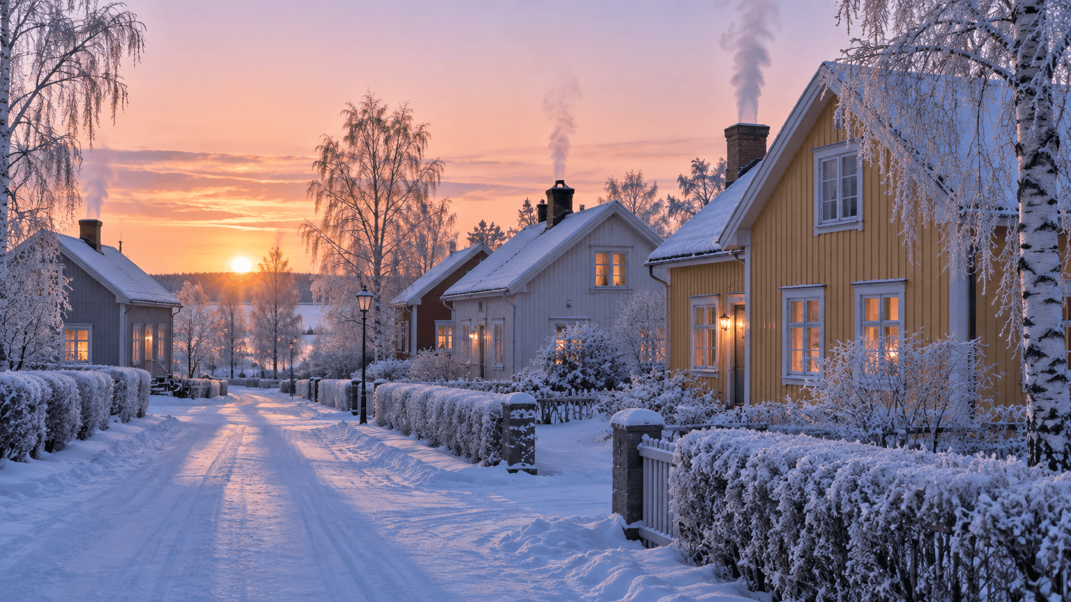 Snöig bygata med trähus i gult, vitt och grått, rök från skorstenarna och rimfrost på björkarna en kall vintermorgon