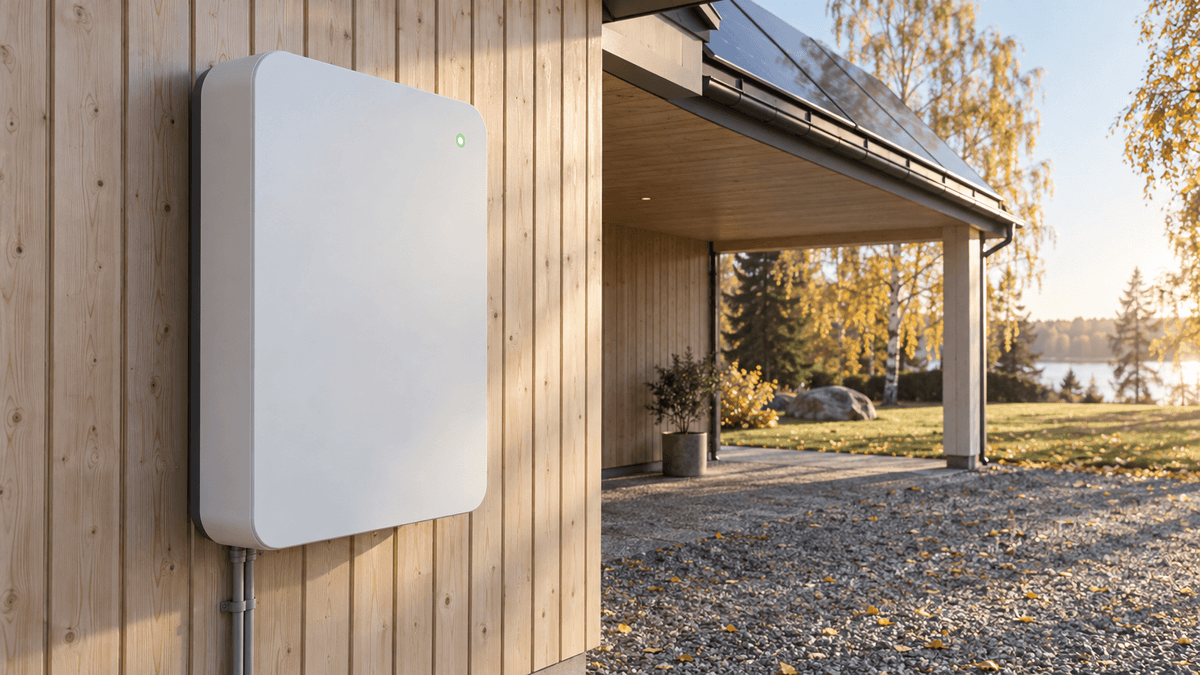 Vitt väggmonterat hembatteri på en träfasad under ett carport-tak med solpaneler, en solig höstmorgon