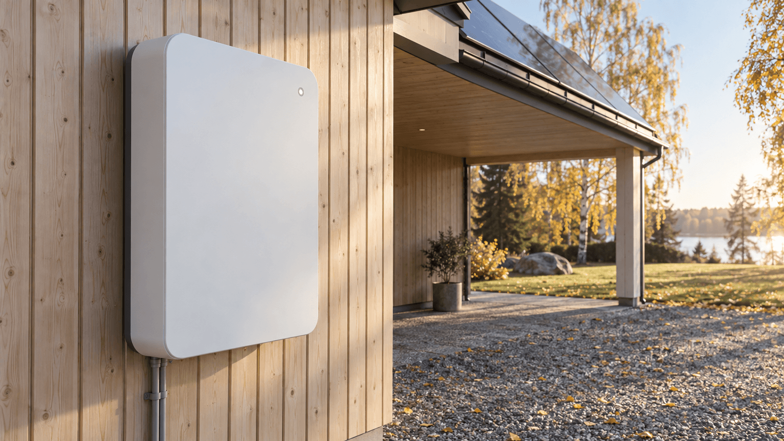 Vitt väggmonterat hembatteri på en träfasad under ett carport-tak med solpaneler, en solig höstmorgon