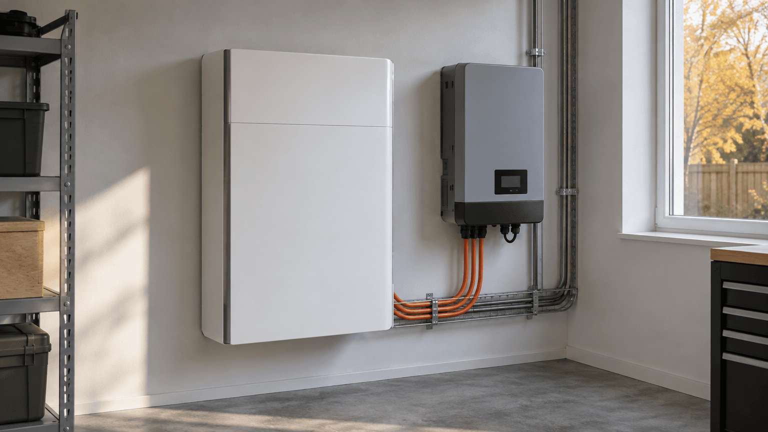 Vitt väggmonterat hembatteri bredvid en grå växelriktare i ett teknikutrymme med oktoberljus genom ett litet fönster