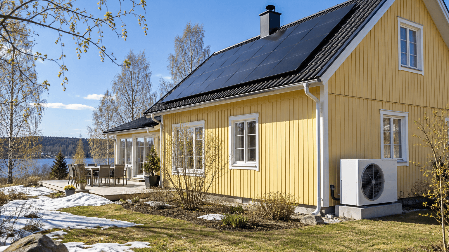 Ljusgul trävilla med svarta solpaneler på taket i aprilsol, vit luft/vattenvärmepump på betongsockel vid husknuten och sista snöfläckarna på gräsmattan