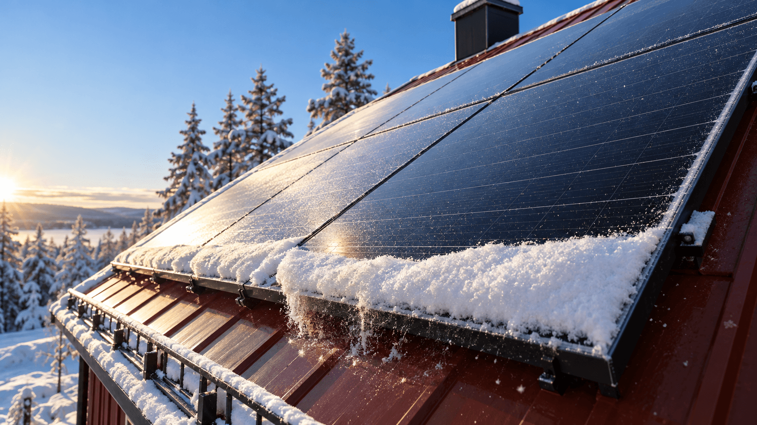 Svarta solpaneler på ett brant rött plåttak där ett tunt snölager glider av i låg vintersol med snöiga granar i bakgrunden