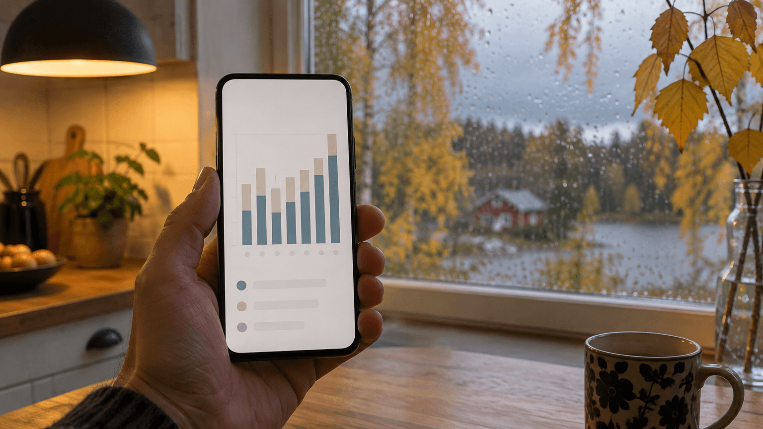 Hand som håller en smartphone med ett abstrakt stapeldiagram framför ett regnigt köksfönster med gula björklöv