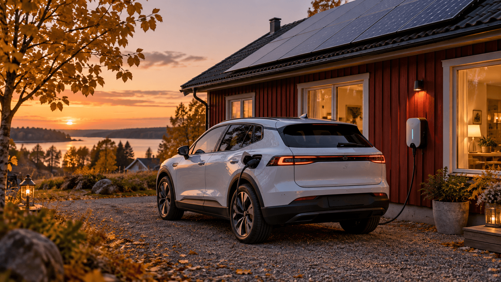 Elbil som laddas vid väggmonterad laddbox vid en röd villa med solpaneler på taket en höstkväll