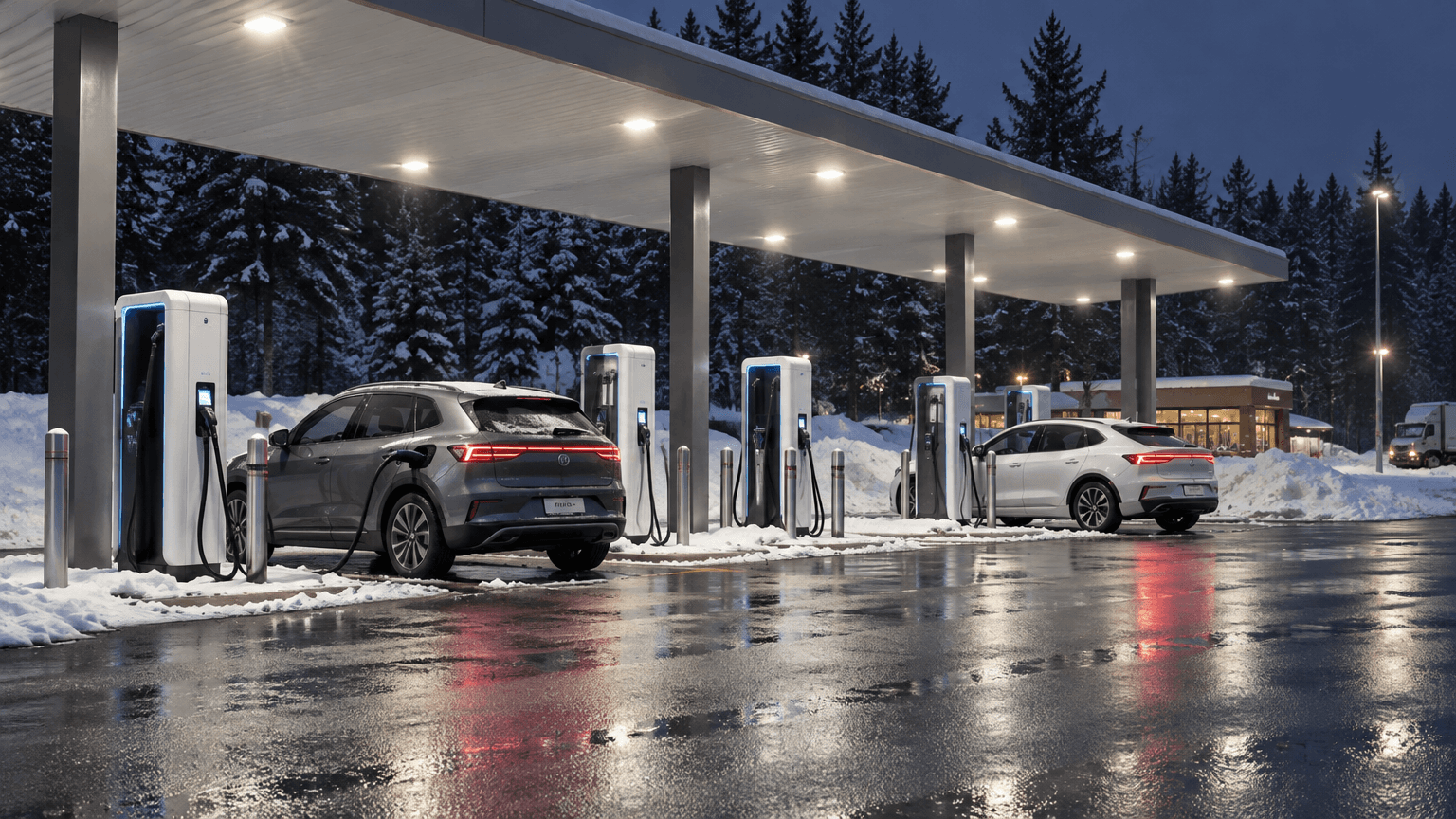 Rad med snabbladdare för elbilar under ett upplyst tak vid en rastplats en snöig vinterkväll