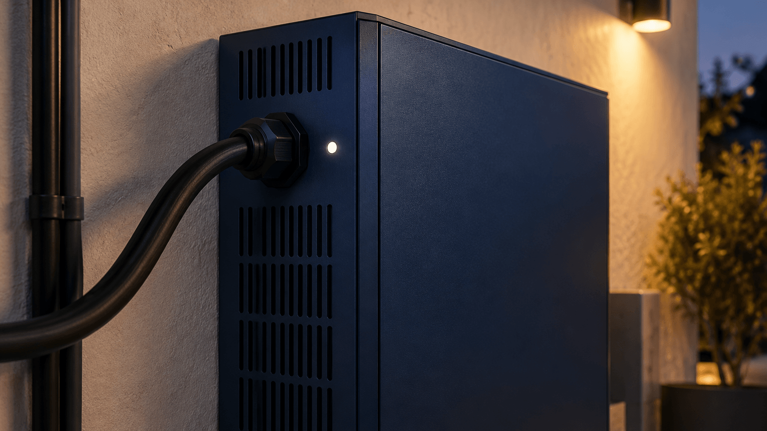 Närbild på sidan av ett mörkblått hembatteriskåp med ventilationsspringor, kabelgenomföring och en vit statuslampa mot en ljus putsad vägg på kvällen