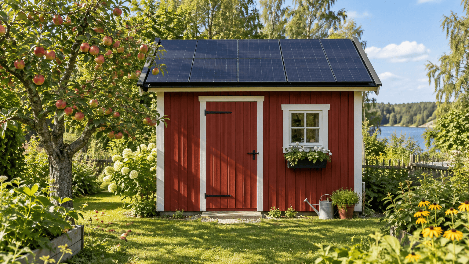 Rött förråd i en grönskande trädgård med taket helt täckt av svarta solpaneler, bredvid ett äppelträd en solig sensommardag