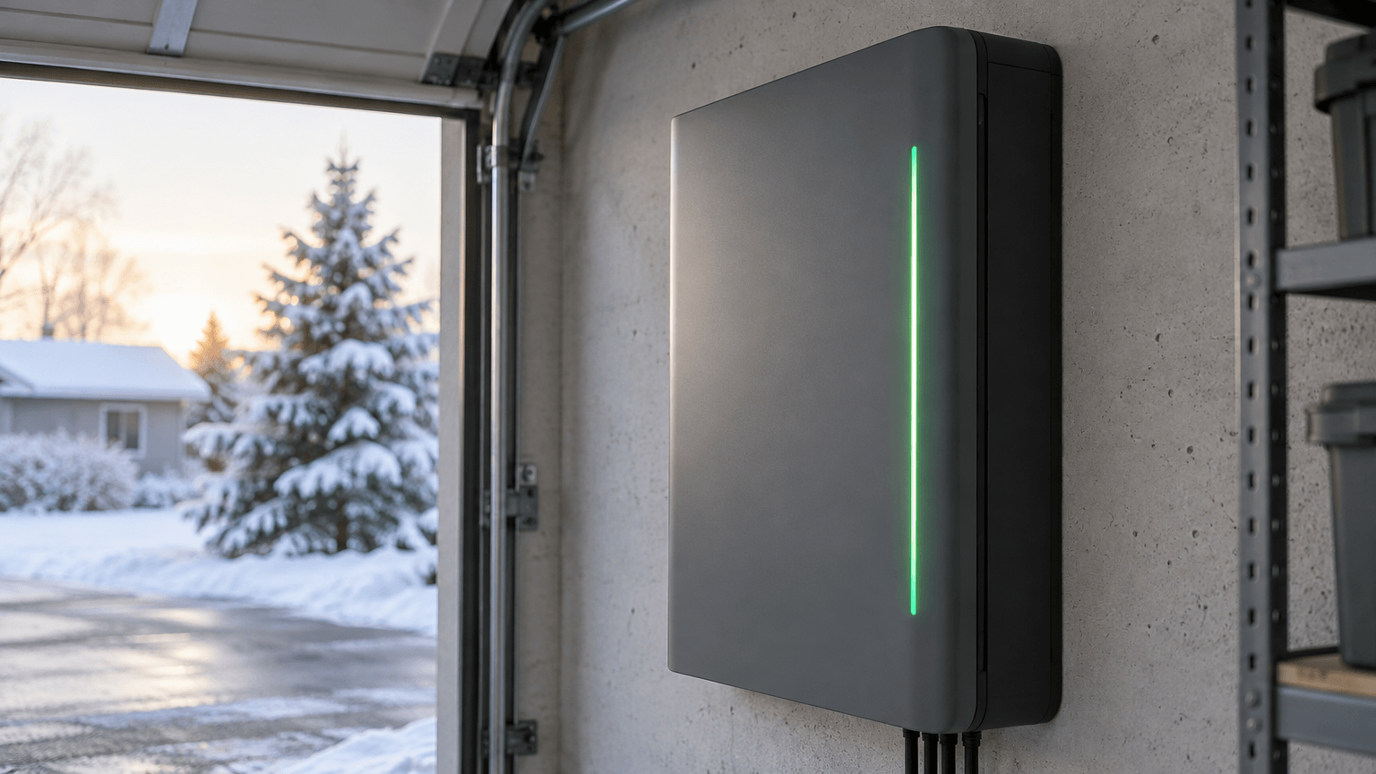 Grön LED-statuslist på ett grafitgrått hembatteri på en betongvägg i ett garage, med snöig uppfart och frostig tall utanför den öppna porten