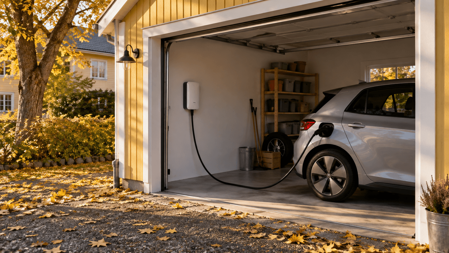Vit laddbox på väggen i ett öppet dubbelgarage till en gul trävilla från 1950-talet, kabeln ansluten till en silverfärgad elbil i eftermiddagssol