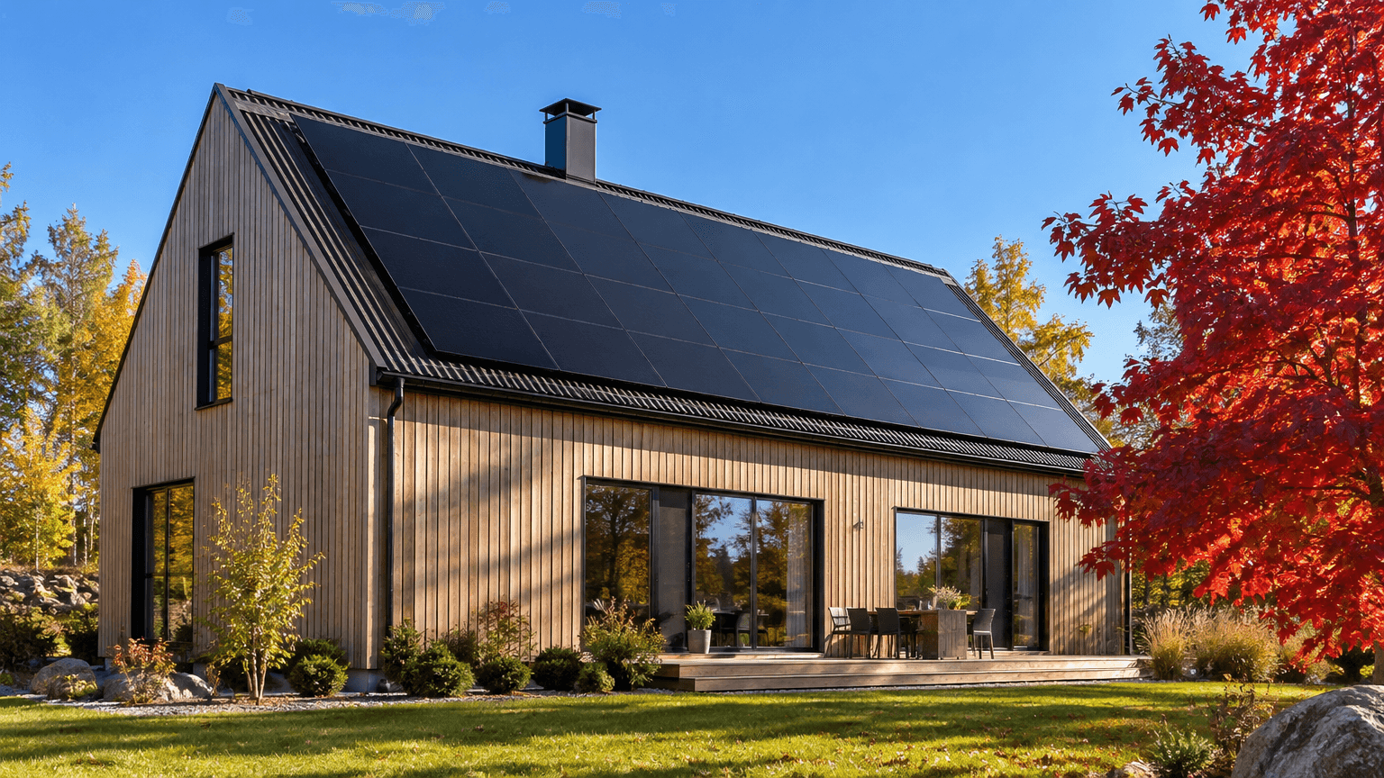 Svarta solpaneler på ett mörkbrunt plåttak på en modern villa med ljus träpanel, rött lönnträd och blå himmel en klar höstdag