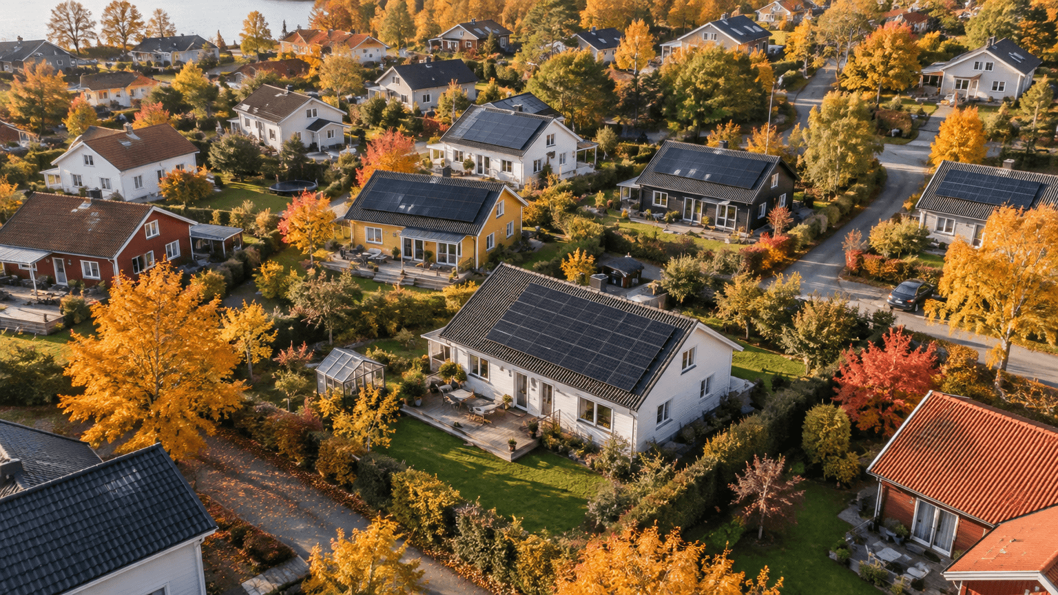 Flygbild över ett villaområde på hösten med solpaneler på flera tak